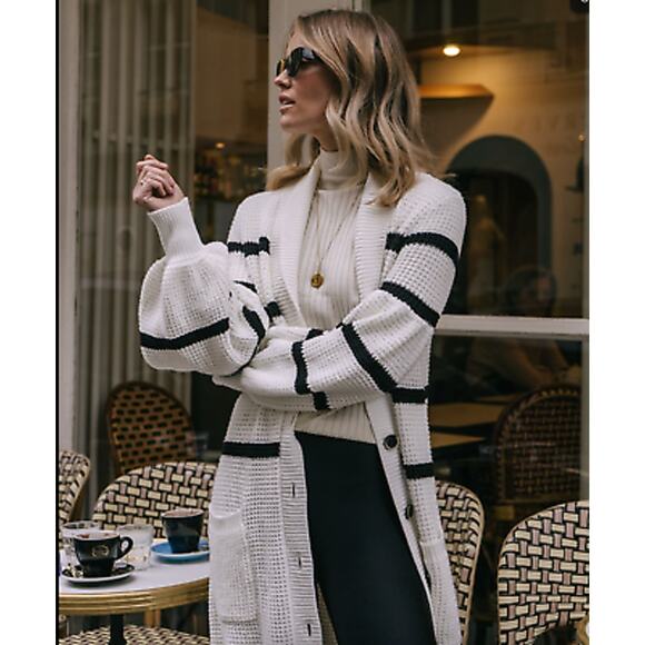 Shona Joy Maddison Balloon Sleeve Knit Dress Striped Long Button Down Cardigan S - Picture 14 of 14